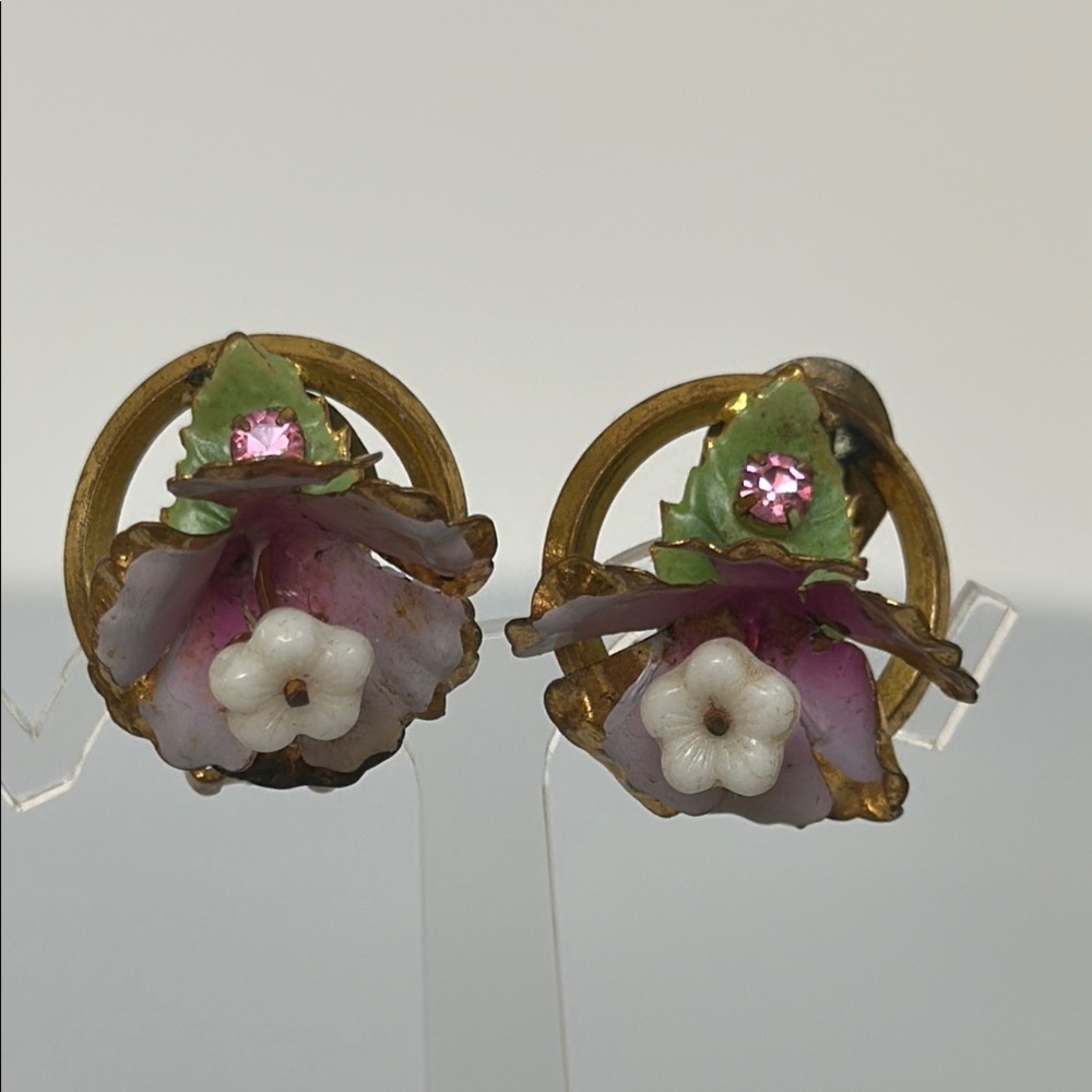 Vintage enamel austria Floral Gold and Pink Earrings